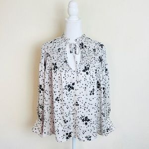 ZARA Satin Floral Silver Gray Ruched Tie Blouse